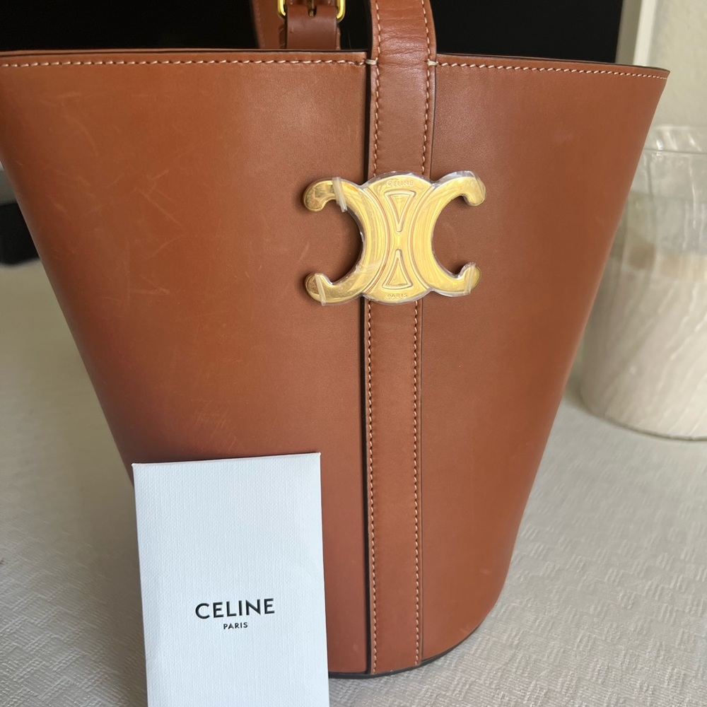 Celine Tan Leather Bucket Bag with Gold Accent - Picture 8 of 9